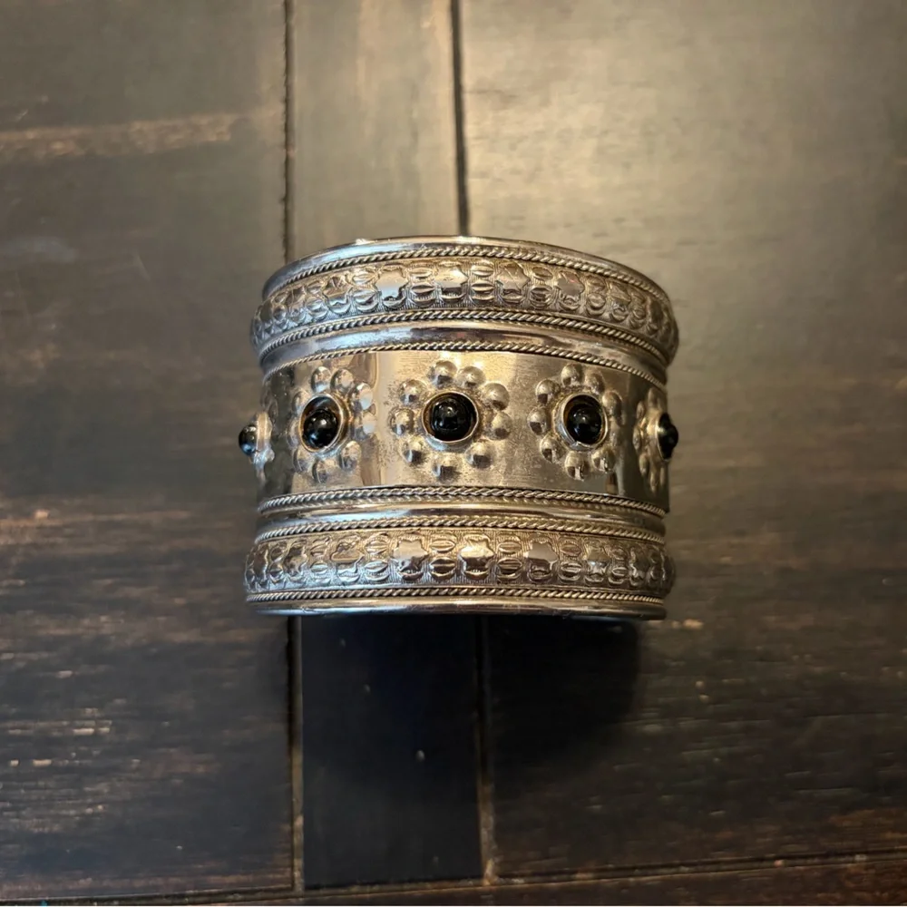 Brutalist Silver Cuff Bracelet with Black Accents